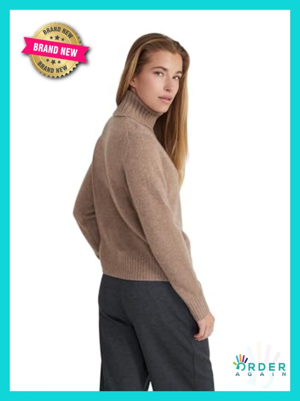 100% Cashmere Boxy Turtleneck Pullover Sweater Lightweight Long Sleeve